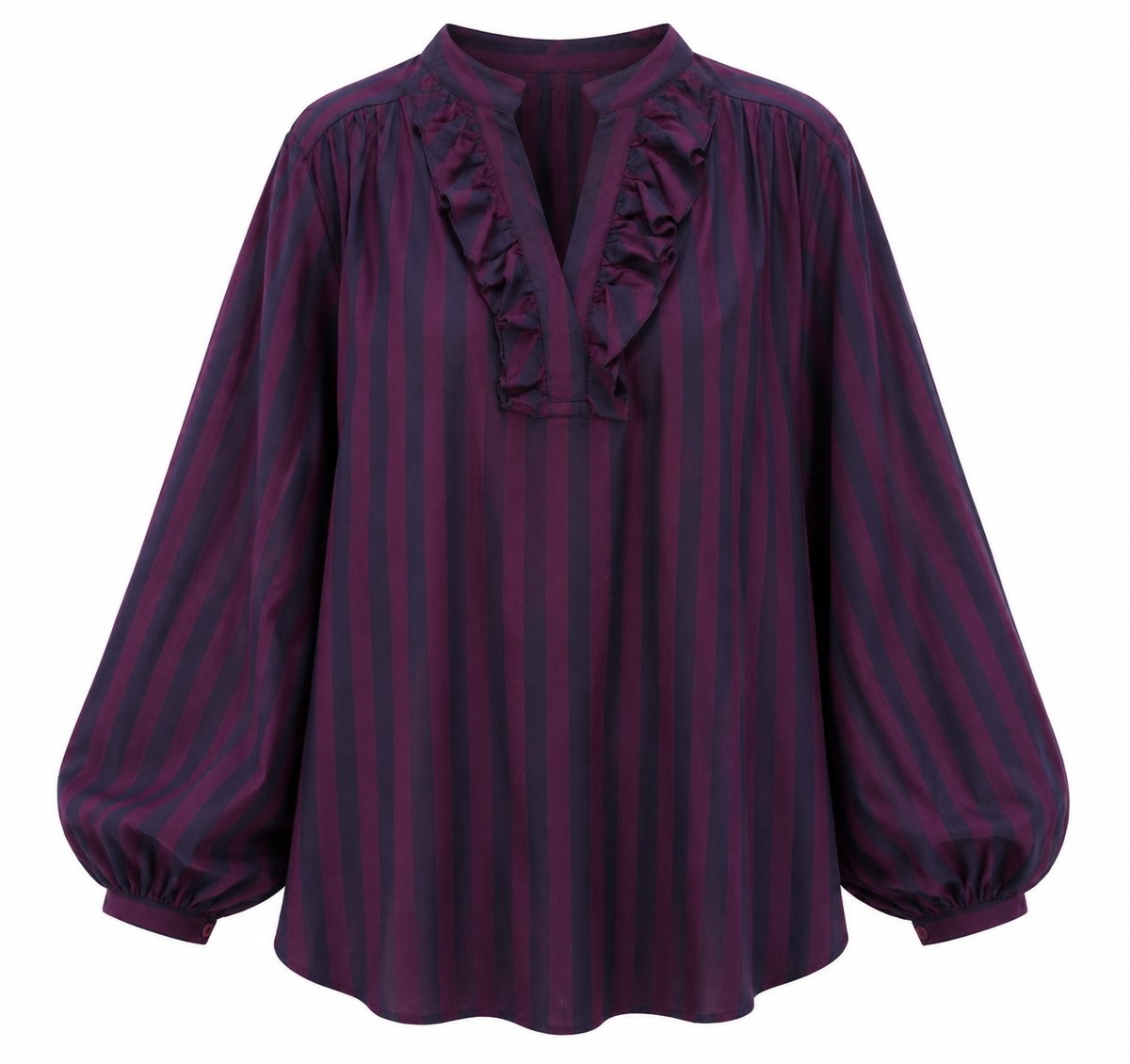 Blouse rayée prune et bleu marine à volants