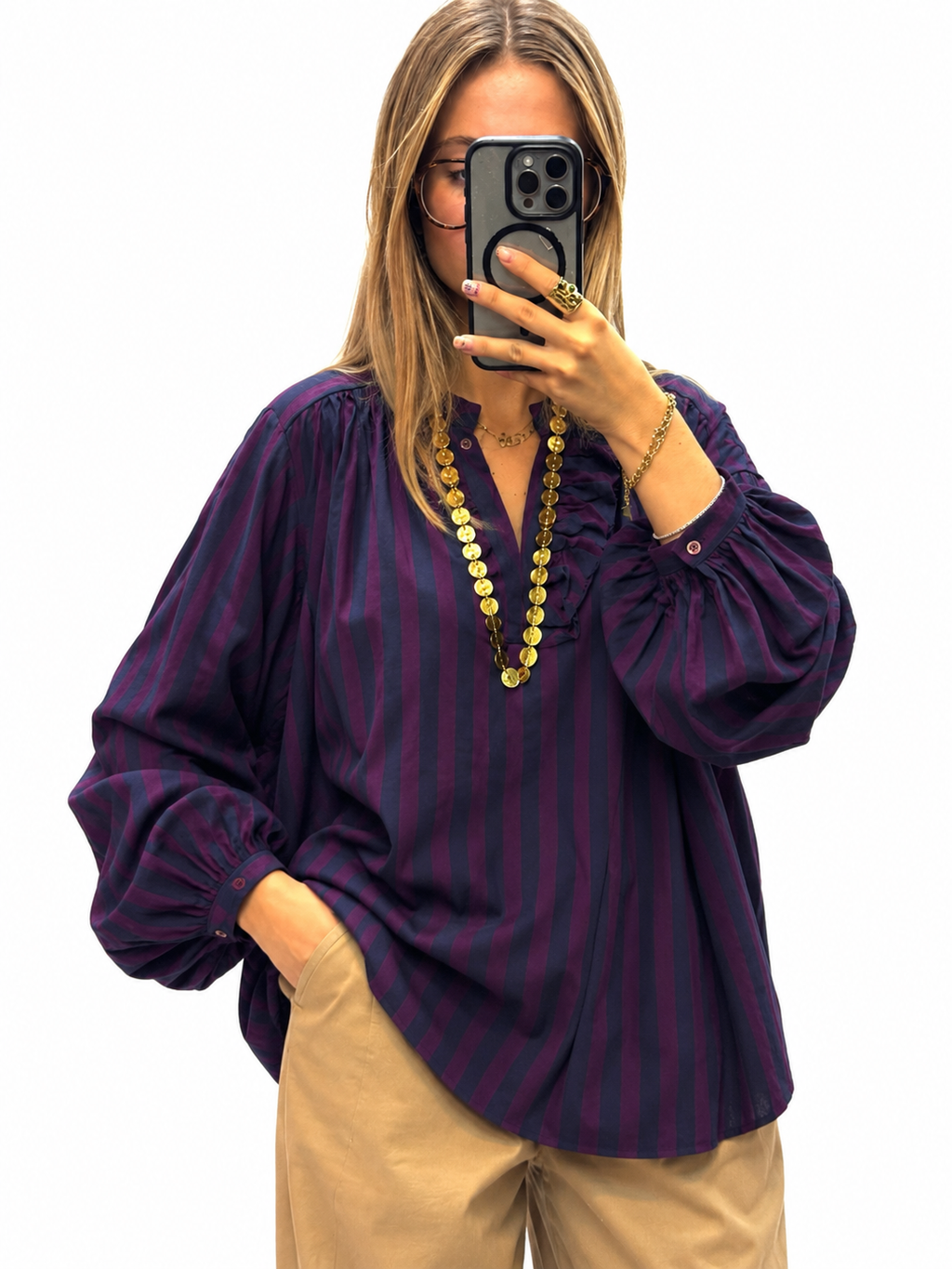 Blouse rayée prune et bleu marine à volants