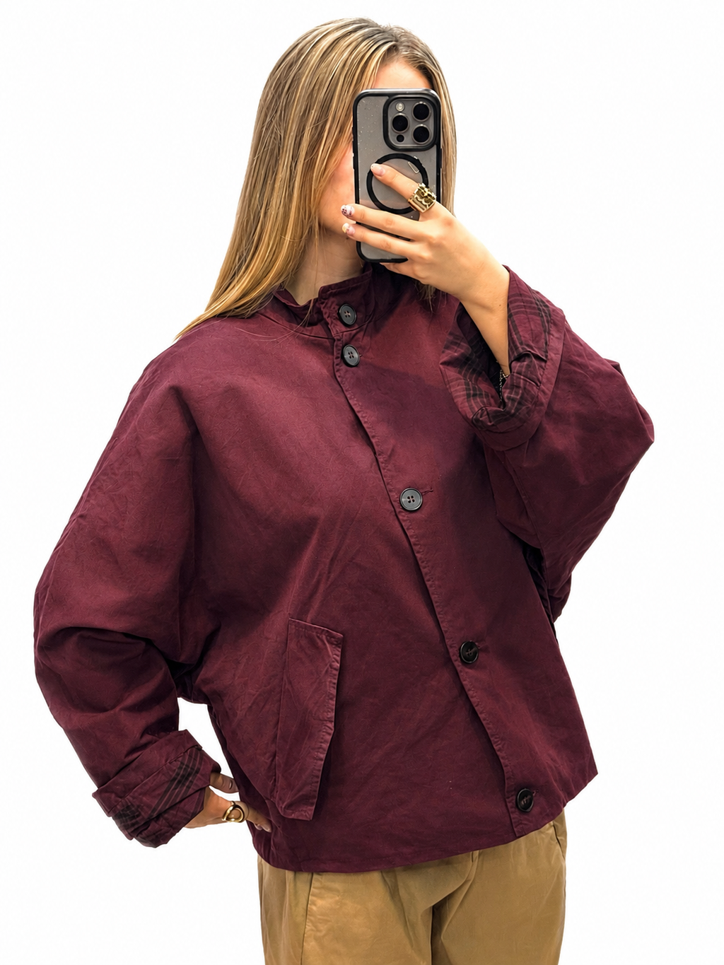 Veste oversize bordeaux à col montant femme