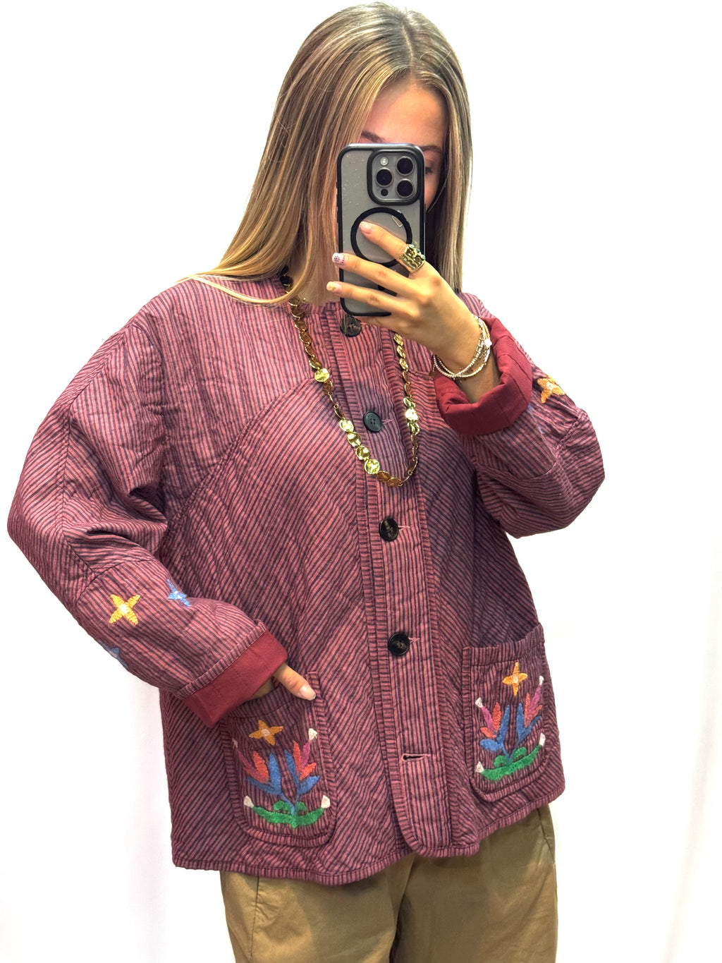 Veste oversize bordeaux rayée à broderies florales femme