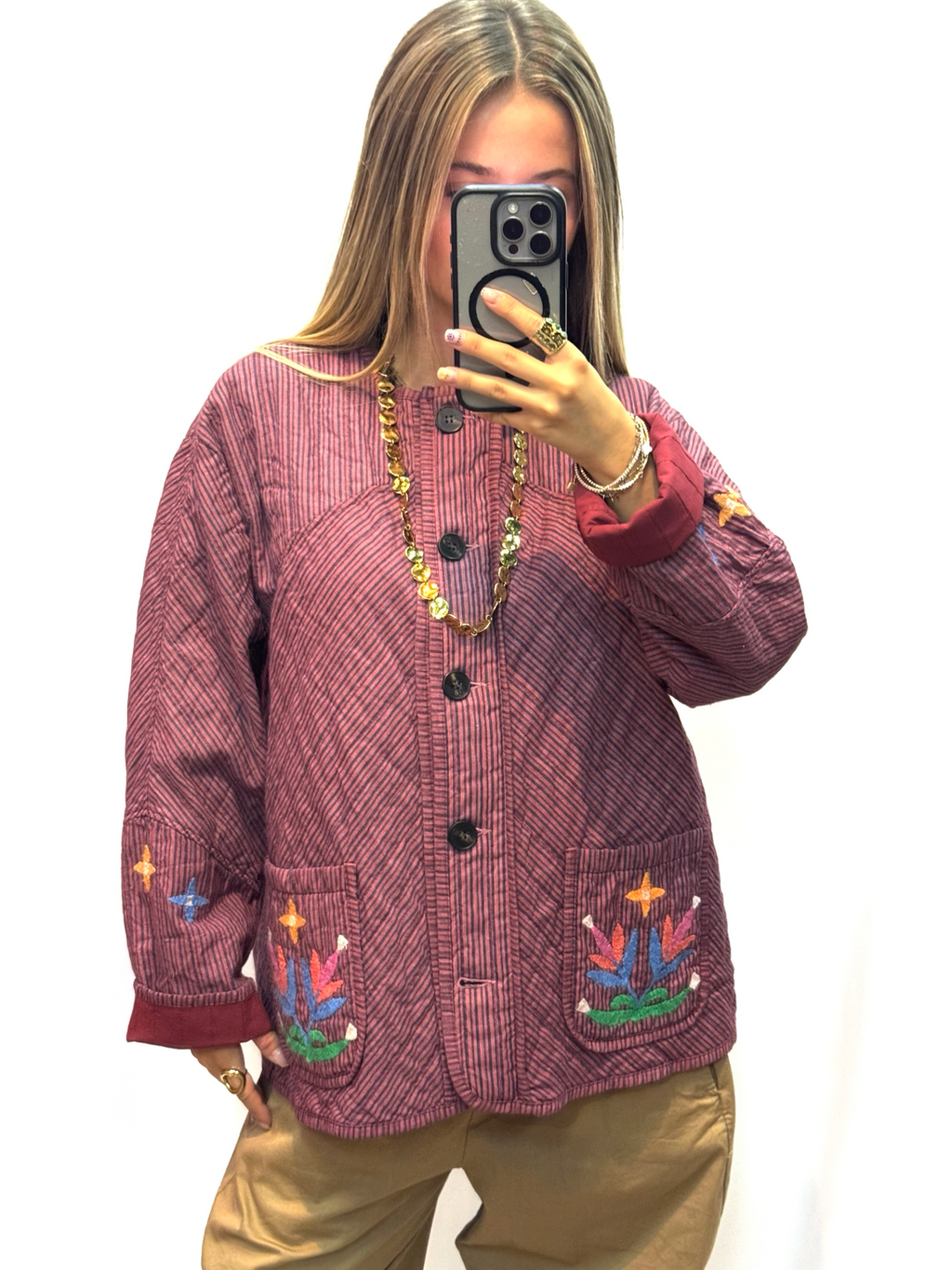 Veste oversize bordeaux rayée à broderies florales femme