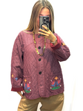 Veste oversize bordeaux rayée à broderies florales femme