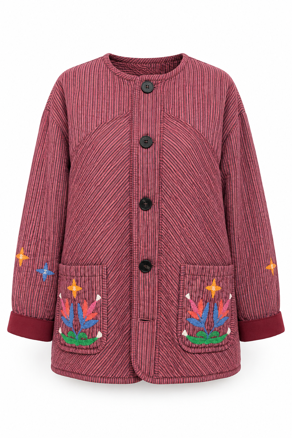Veste oversize bordeaux rayée à broderies florales femme