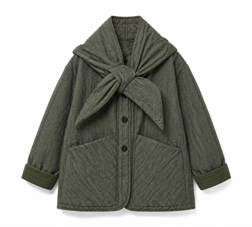 Veste matelassée vert kaki rayée avec écharpe assortie