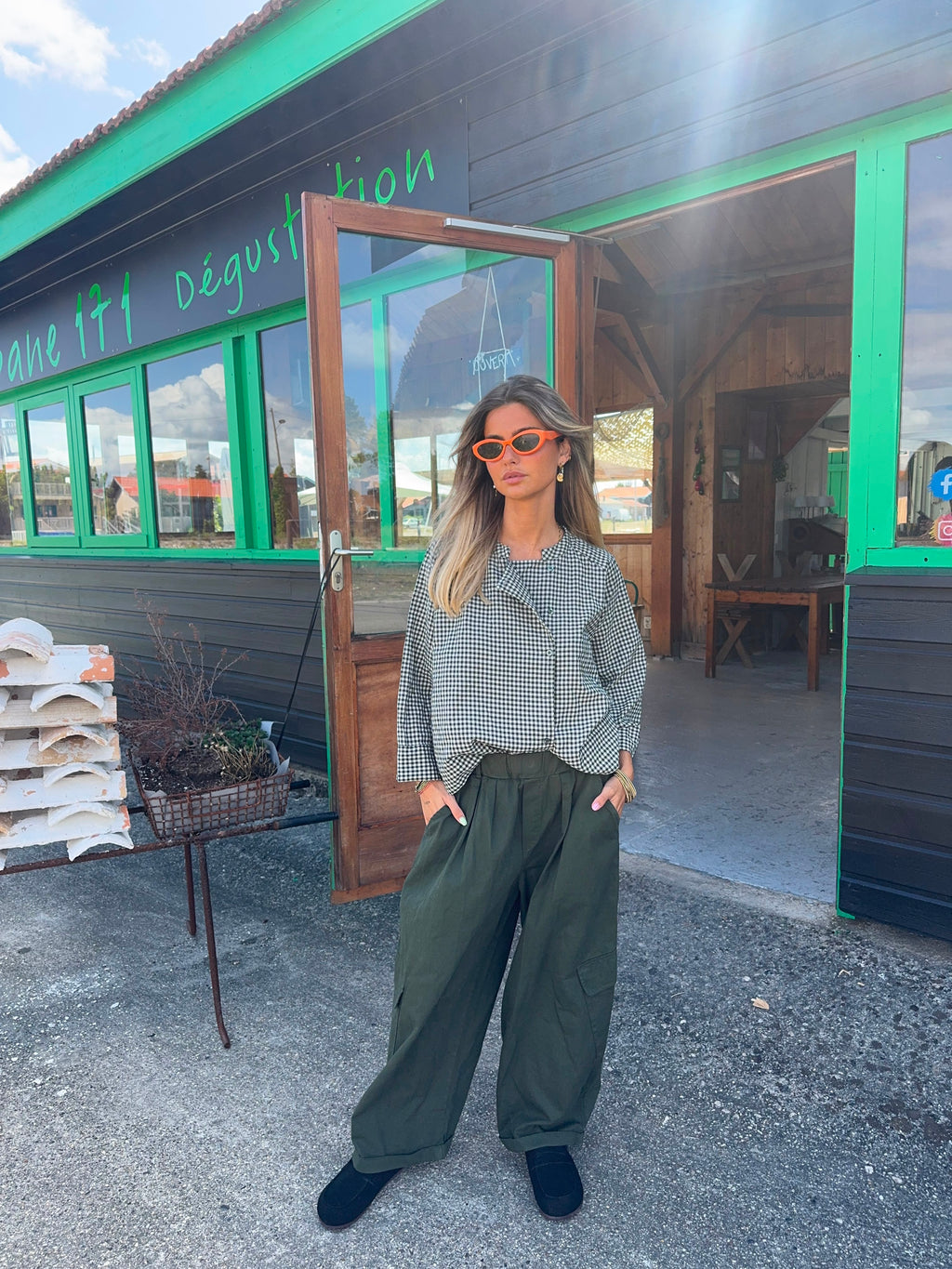 Pantalon cargo femme kaki foncé à taille élastique