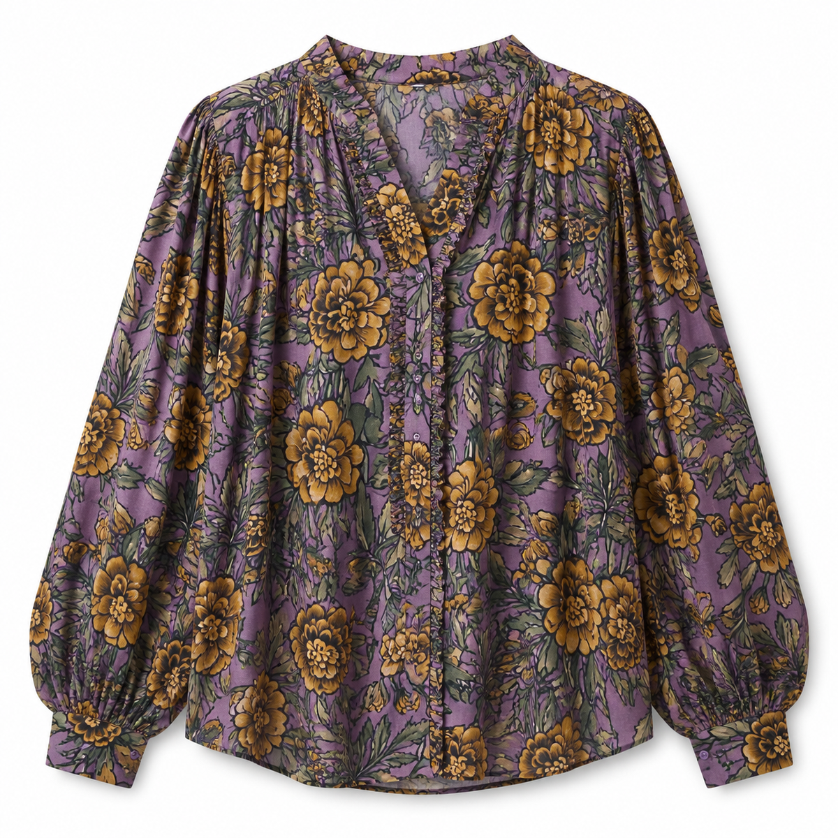 Blouse fleurie violette femme à manches bouffantes