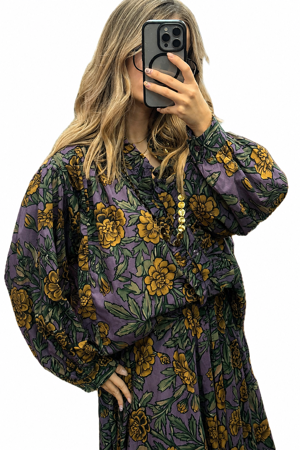 Blouse fleurie violette femme à manches bouffantes
