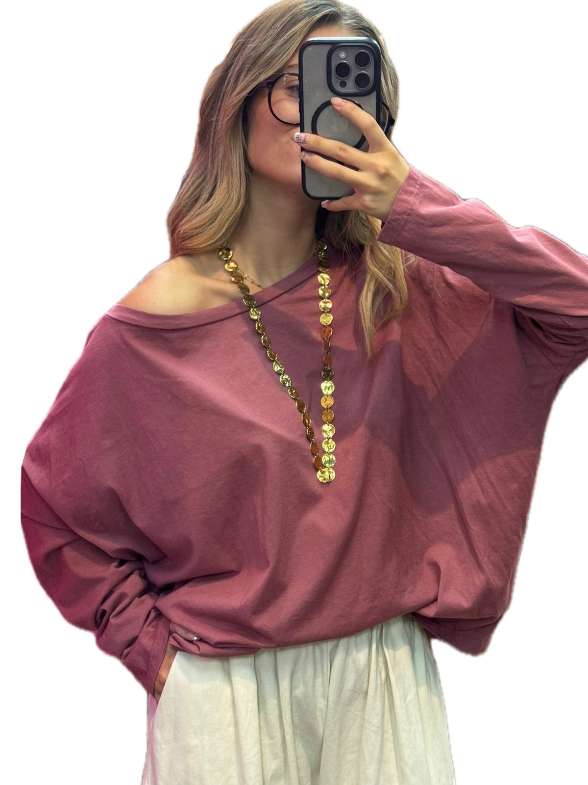 T-shirt rose femme oversize à manches longues