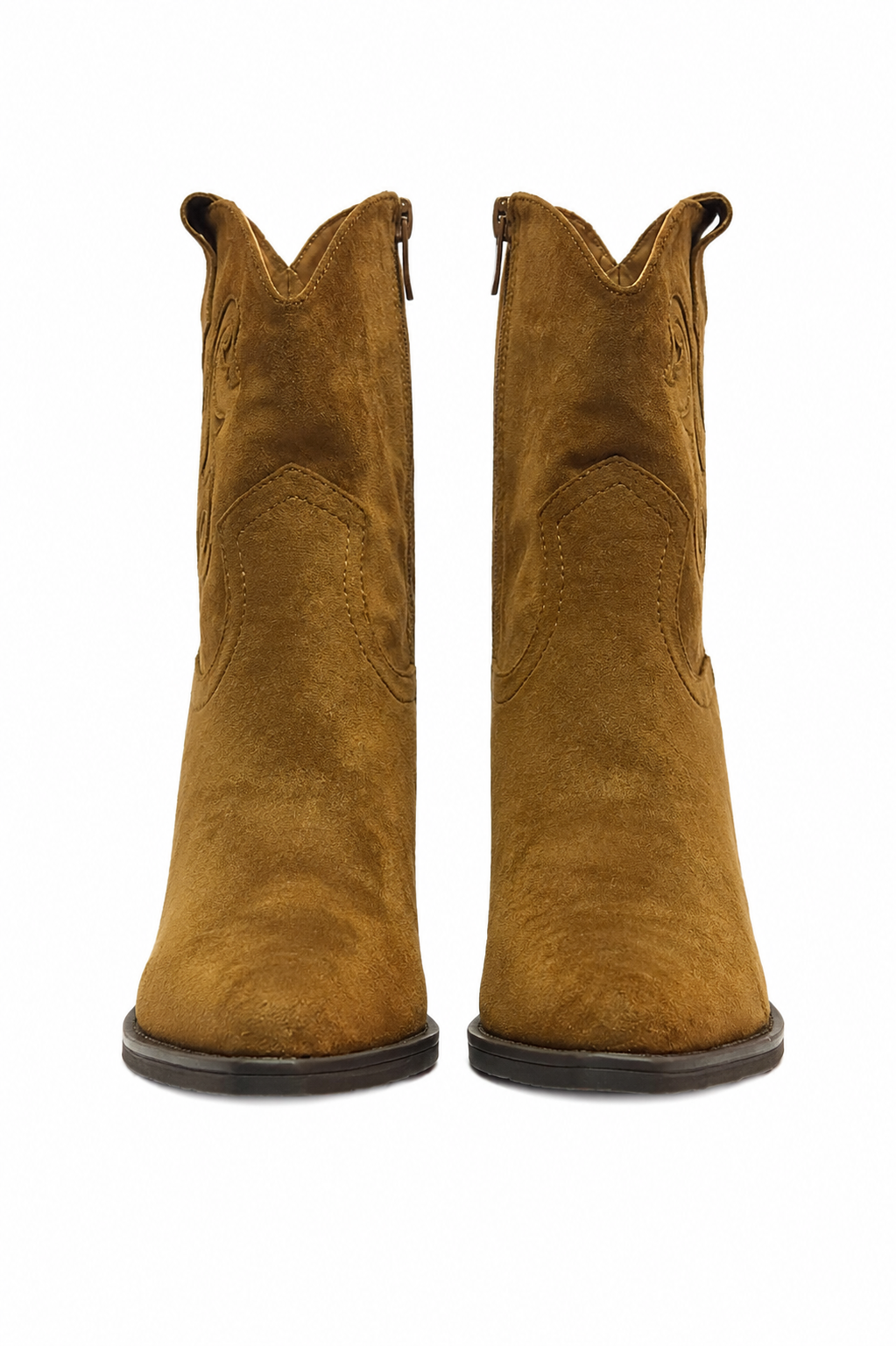 Bottines western camel effet daim à talon – motifs brodés