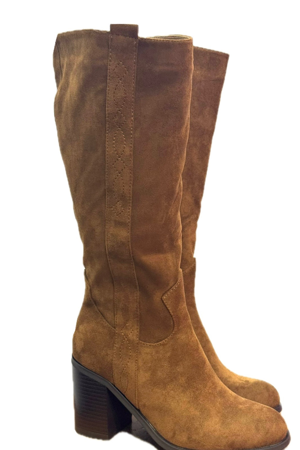 Bottes hautes camel effet daim à talon bloc