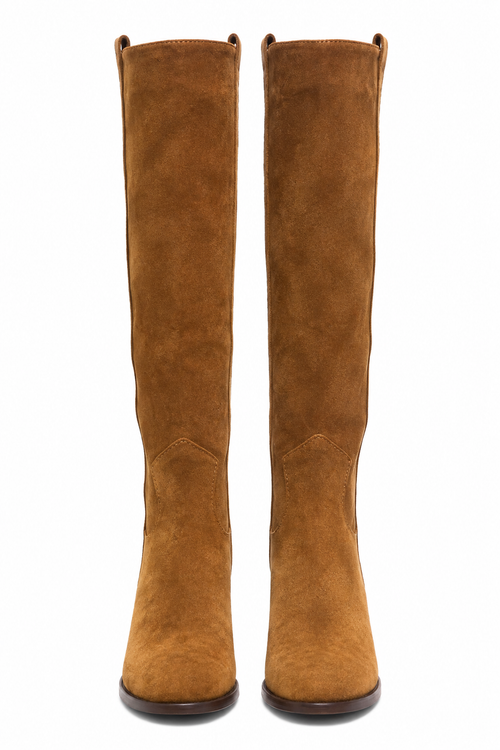 Bottes hautes camel effet daim à talon bloc
