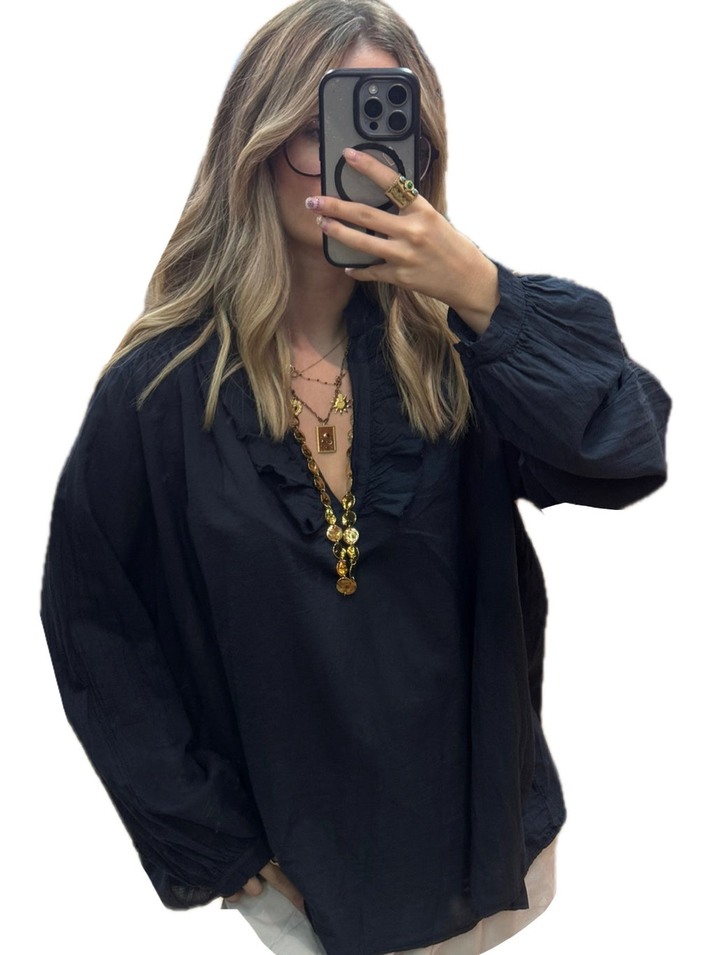 Blouse femme bleu marine à col V volanté