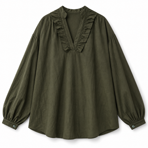 Blouse femme kaki à col V volanté et manches bouffantes