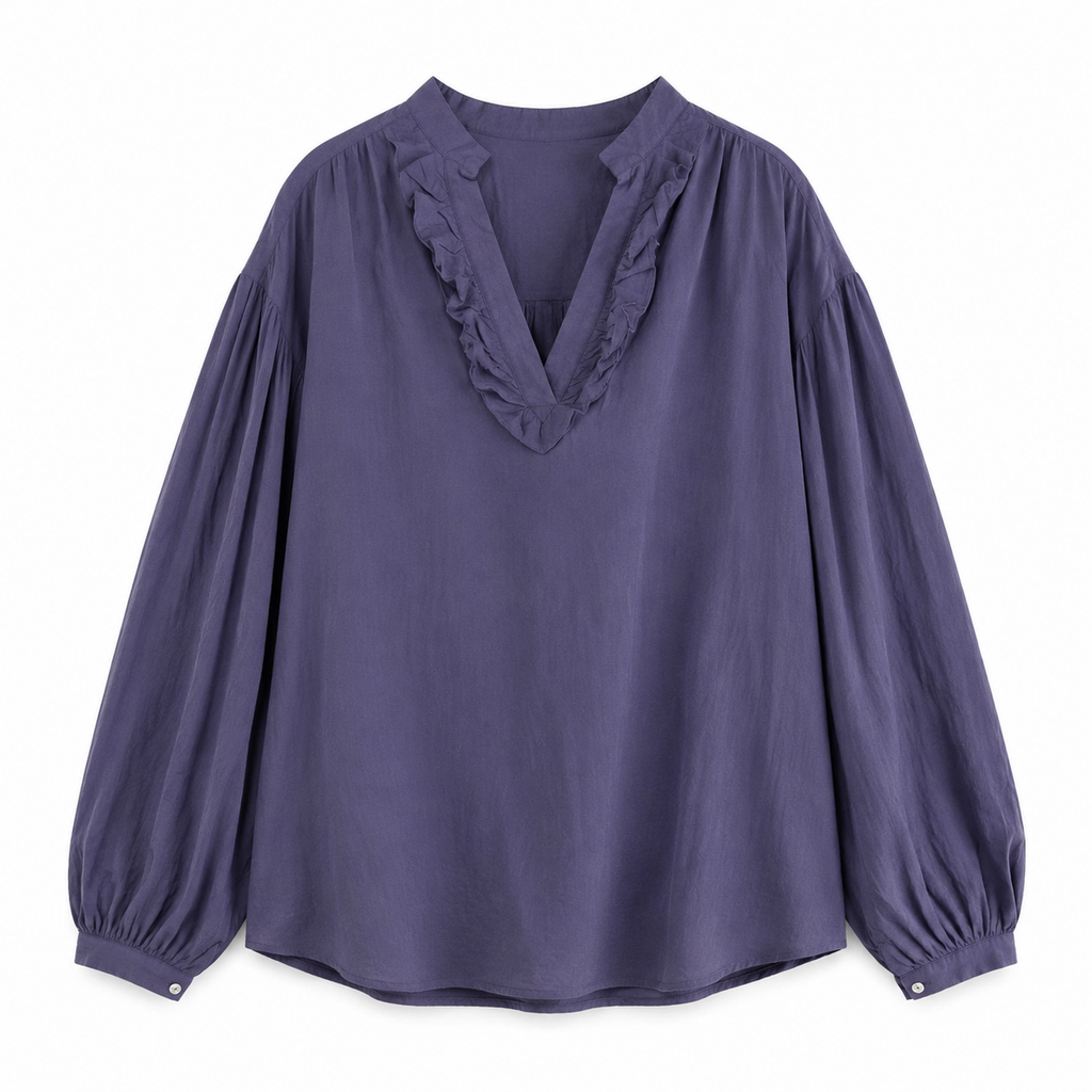 Blouse femme violette à col V volanté et manches bouffantes