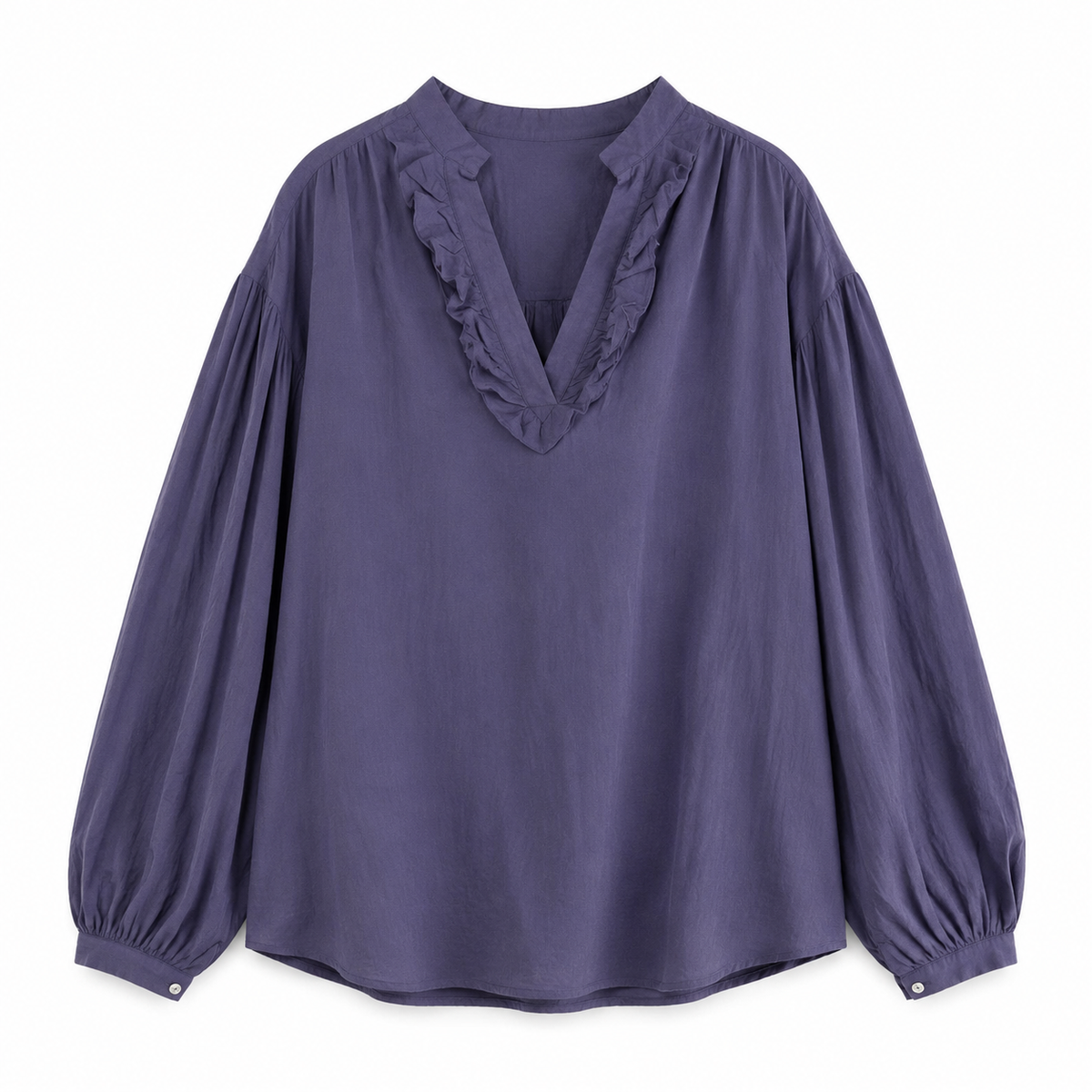 Blouse femme violette à col V volanté et manches bouffantes