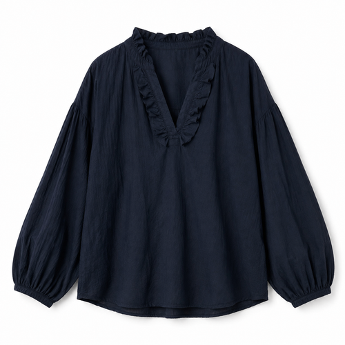 Blouse femme bleu marine à col V volanté