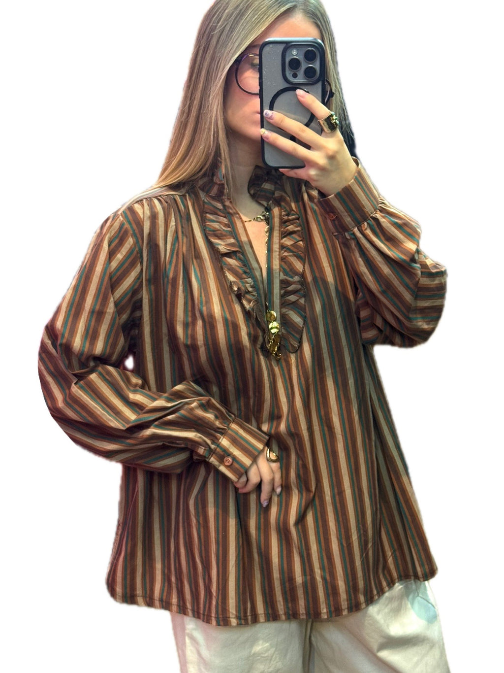 Blouse tunique femme rayée à col volanté