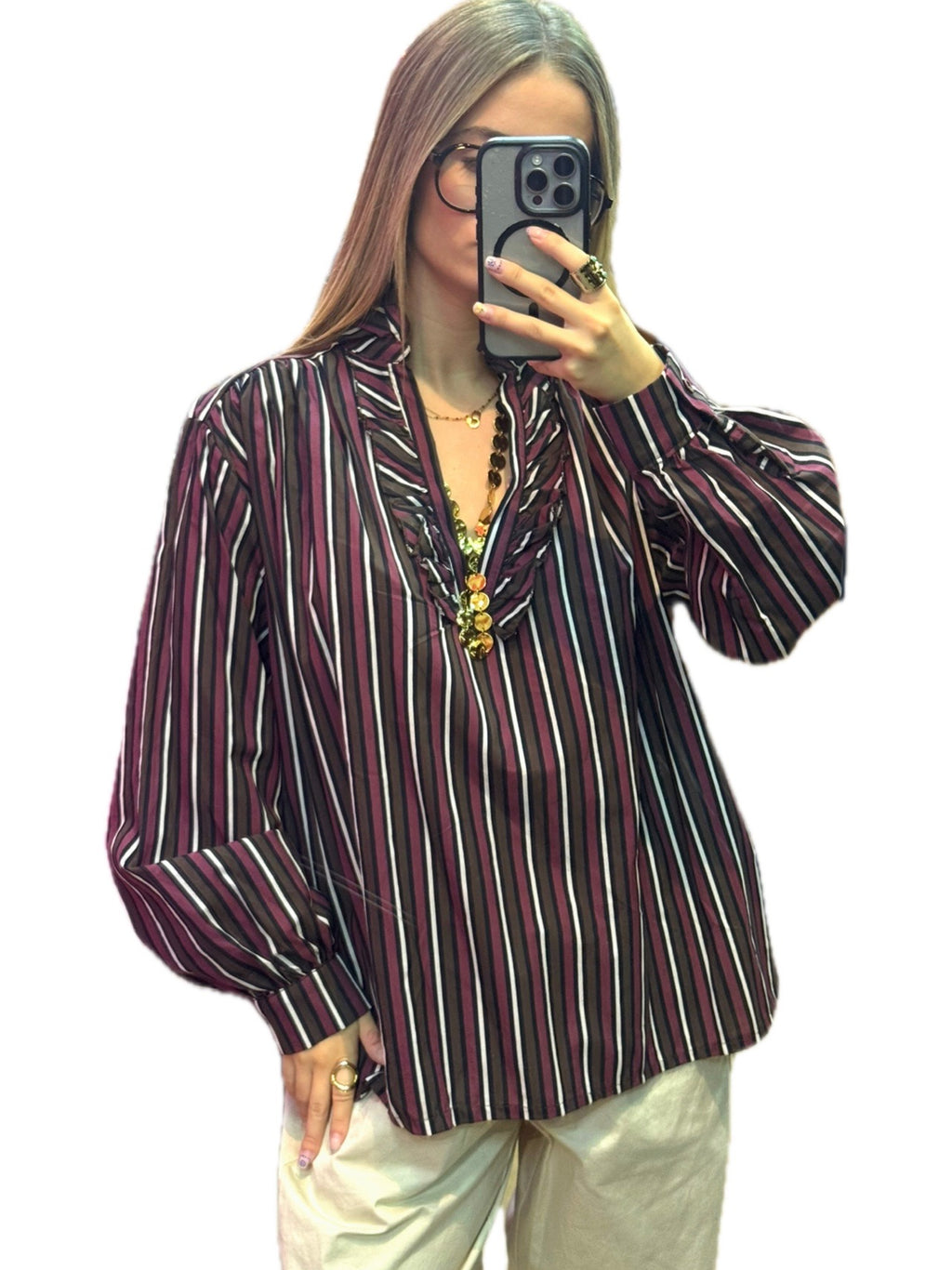 Blouse tunique femme rayée bordeaux à col volanté