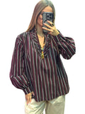 Blouse tunique femme rayée bordeaux à col volanté