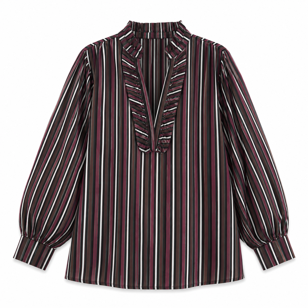 Blouse tunique femme rayée bordeaux à col volanté