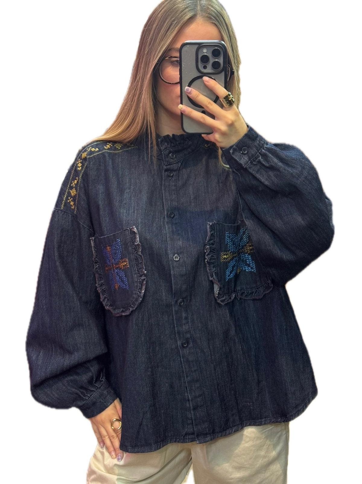 Chemise en jean bleu foncé femme oversize brodée