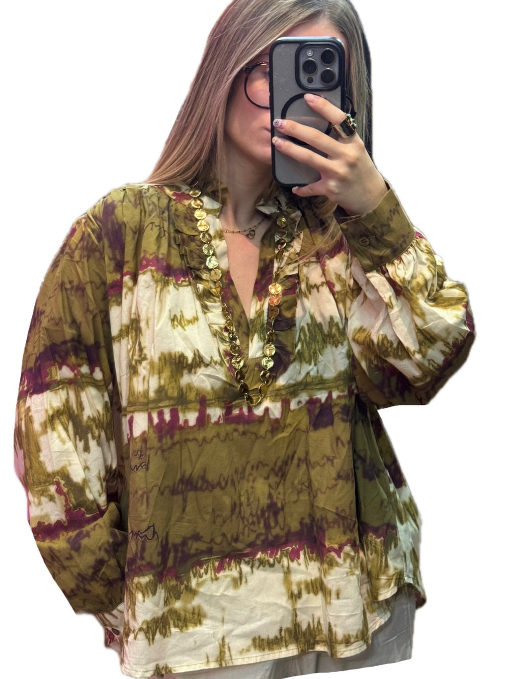 Blouse femme oversize imprimée kaki à col volanté