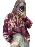Blouse femme oversize imprimée bordeaux à col volanté