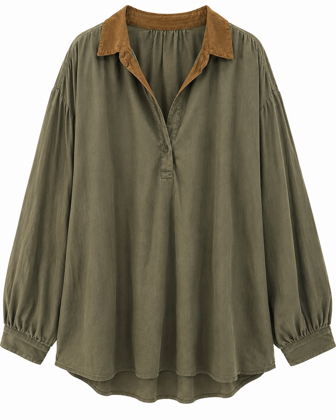 Chemisier oversize kaki femme à col contrastant camel