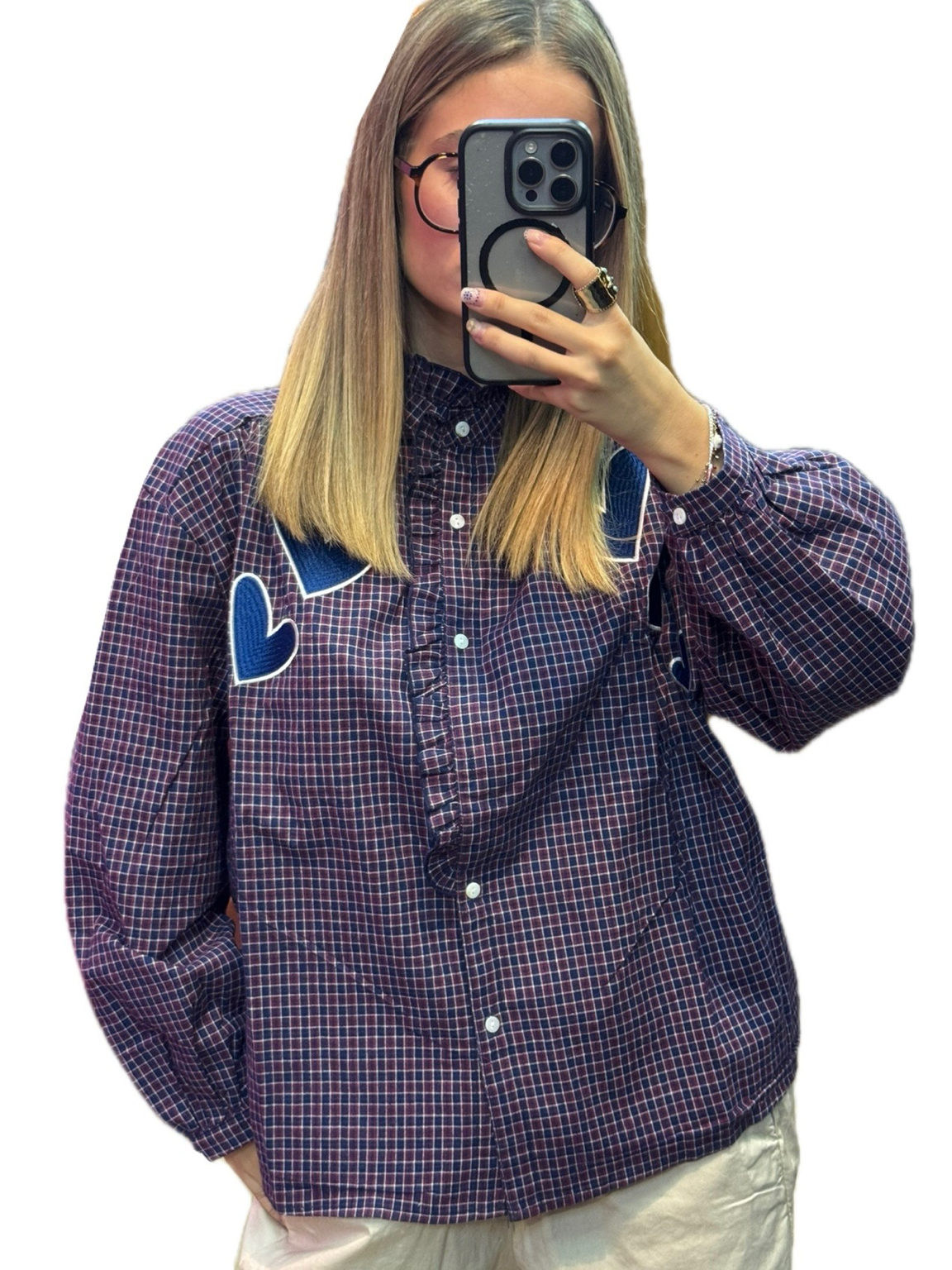 Chemisier à carreaux bordeaux et bleu femme avec détails cœur