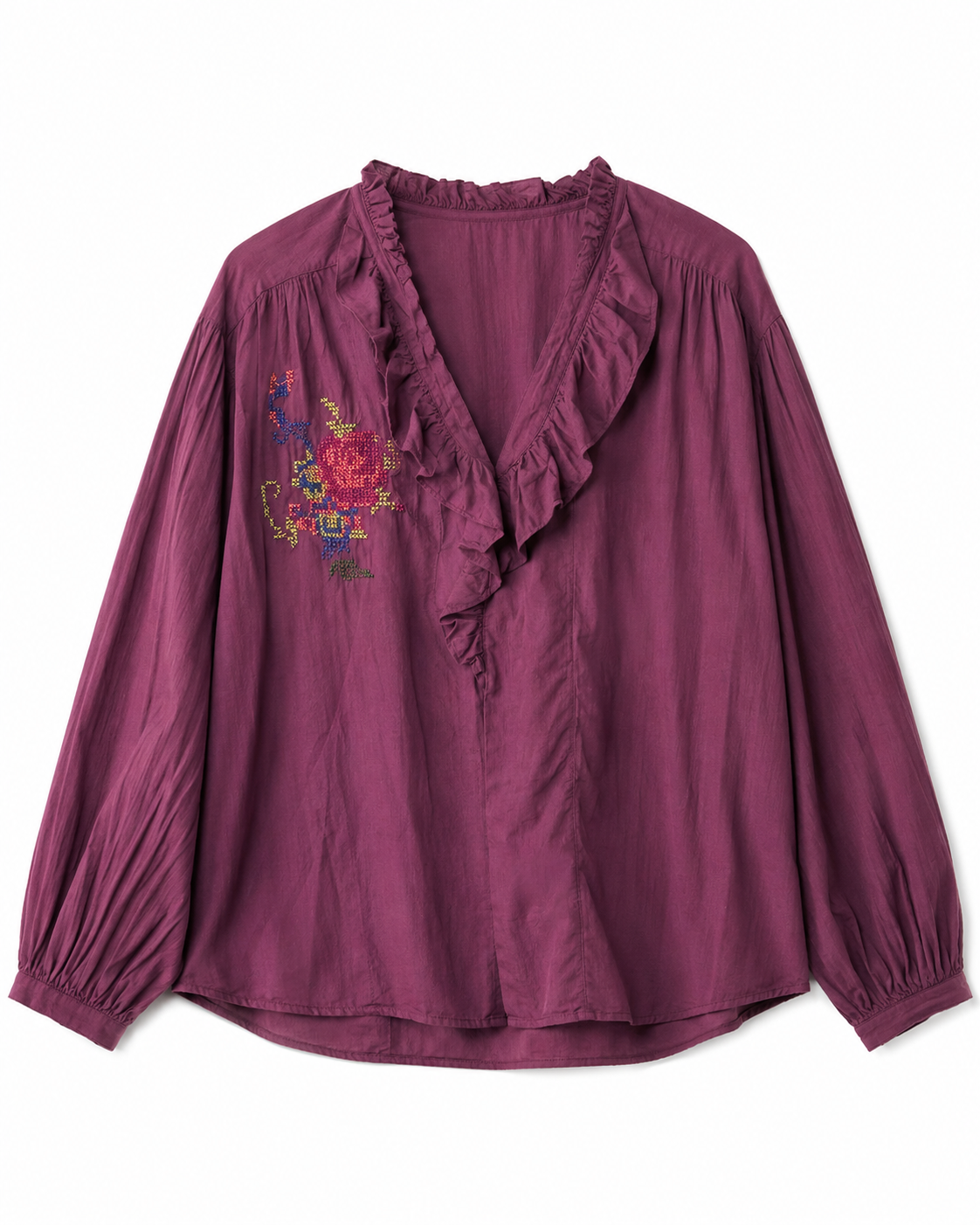 Blouse prune femme à volants et broderies colorées