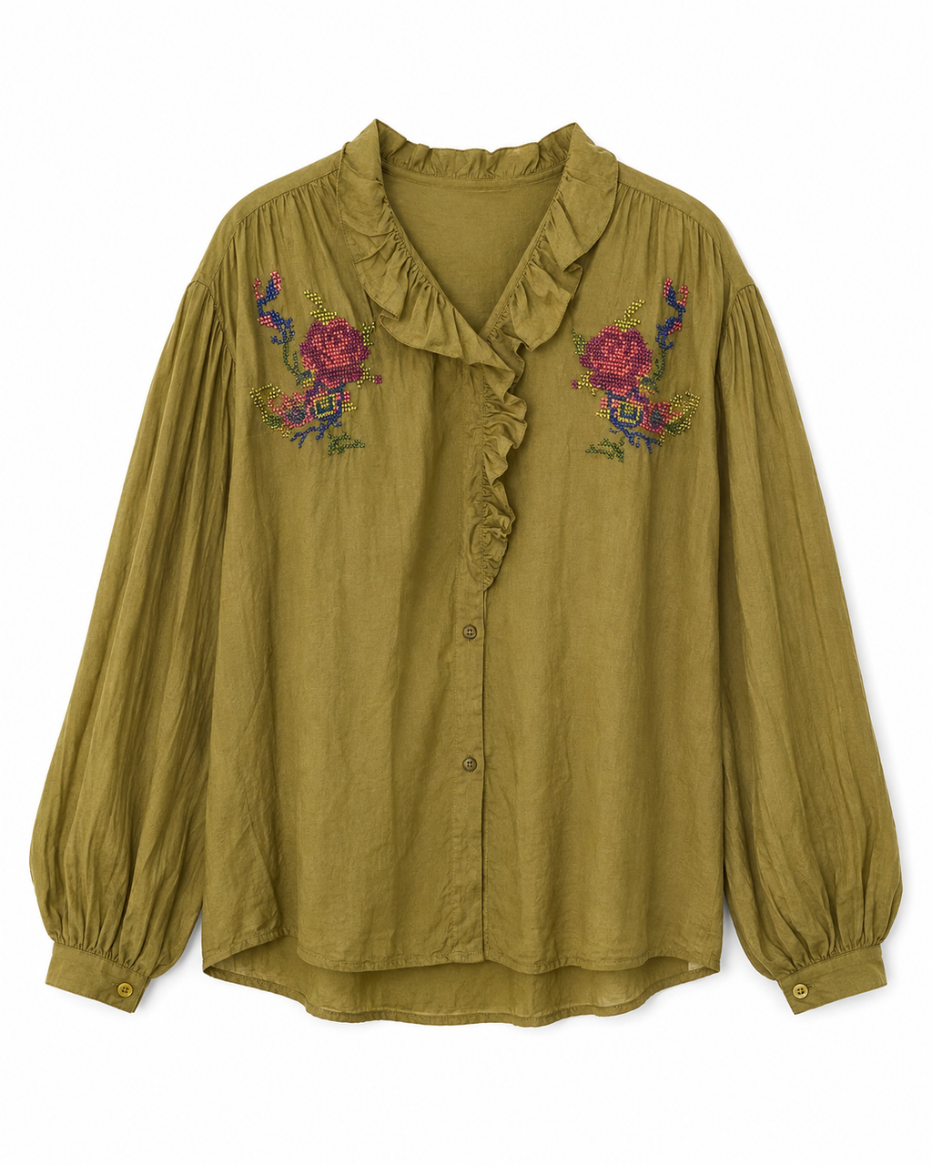 Blouse kaki femme à volants et broderies fleuries