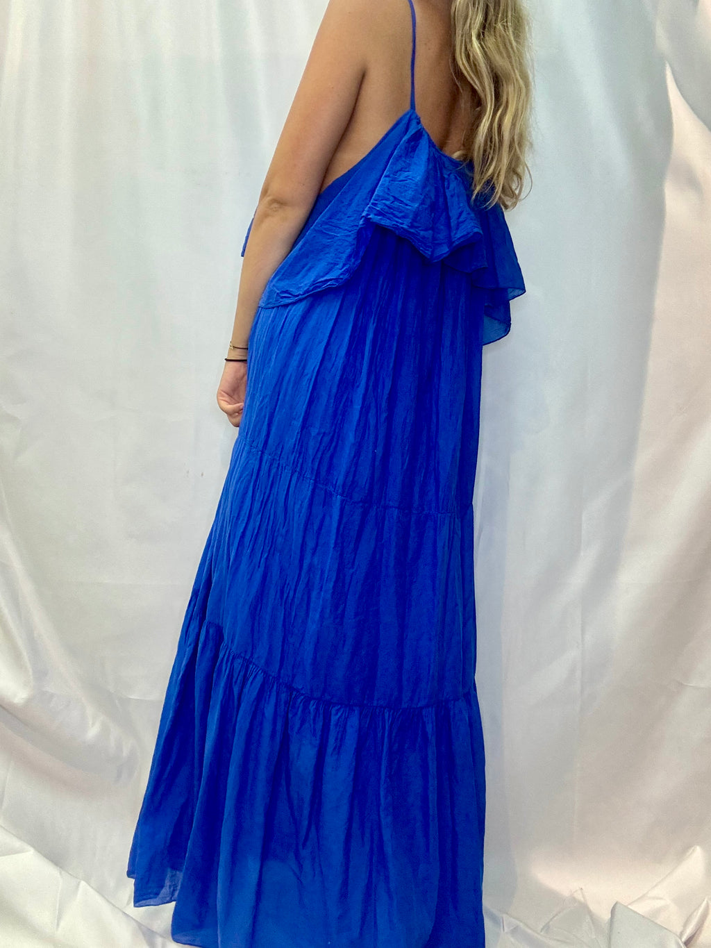 Robe Longue Boheme Femme Bleue – Volant Encolure – 100% Coton