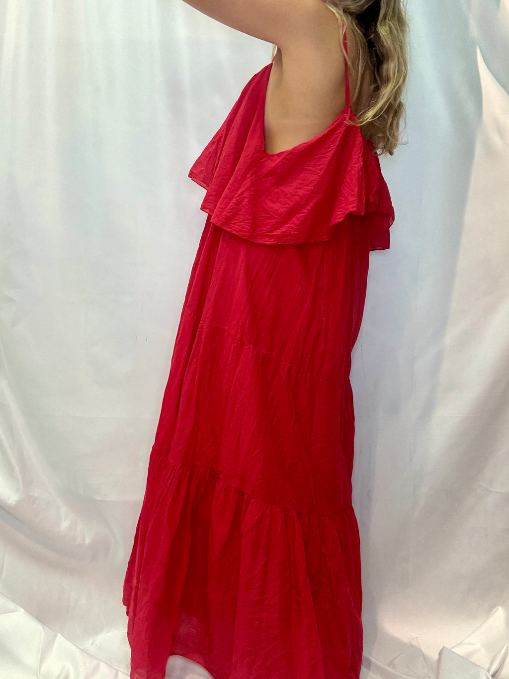 Robe Longue Boheme Femme Rouge – Volant Encolure – 100% Coton