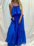 Robe Longue Boheme Femme Bleue – Volant Encolure – 100% Coton