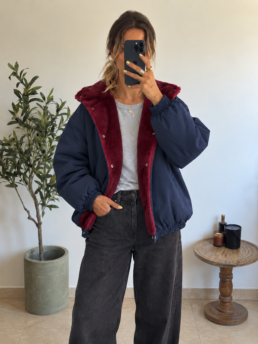 Blouson Alméa bleu marine et bordeaux, intérieur effet fourrure