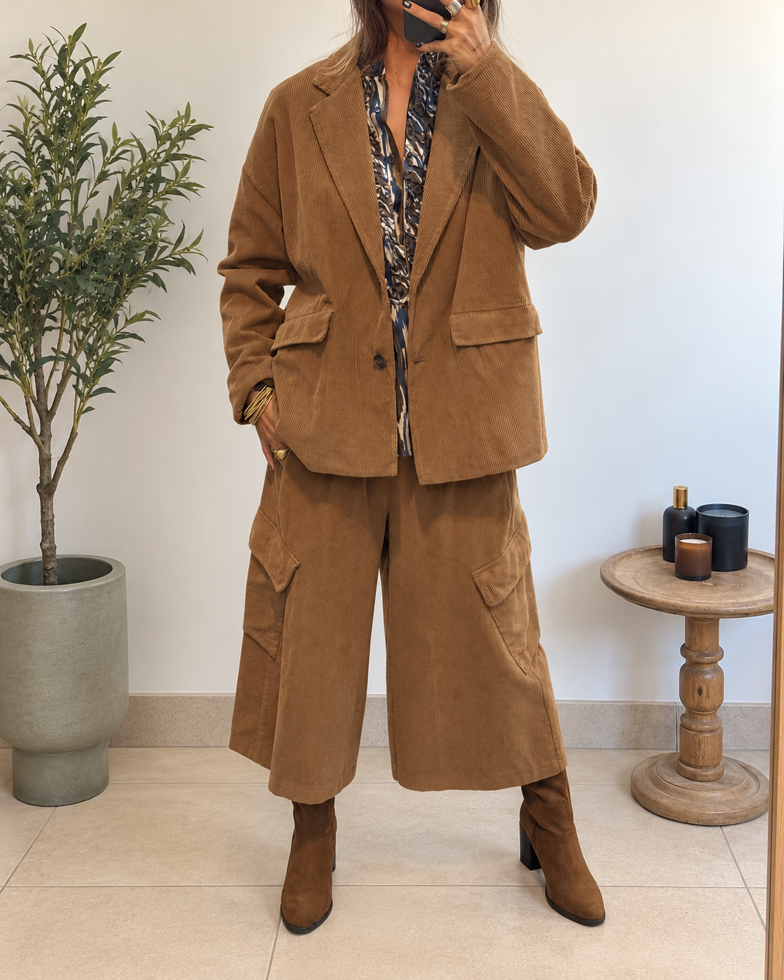 Jupe-culotte cargo Yuna camel 100 % coton, taille élastiquée et jambes extra-larges