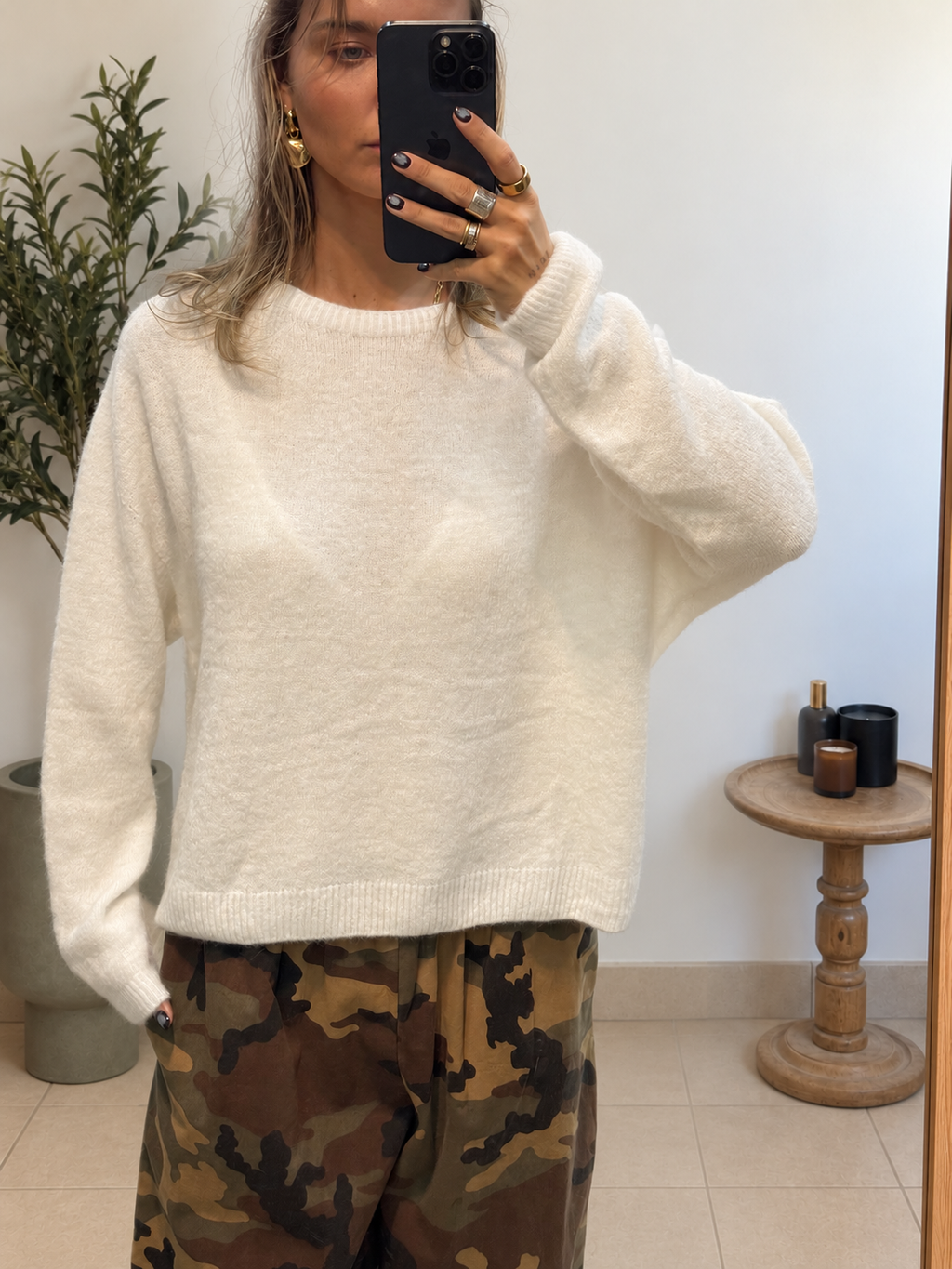 Pull Noéa coloris écru, manches longues et finitions côtelées