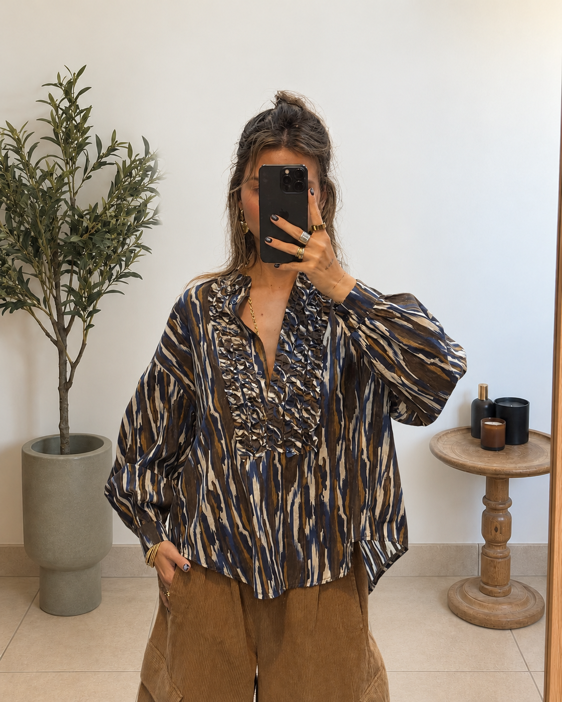 Blouse Oria femme en coton imprimé, coupe décontractée et finitions de manches boutonnées