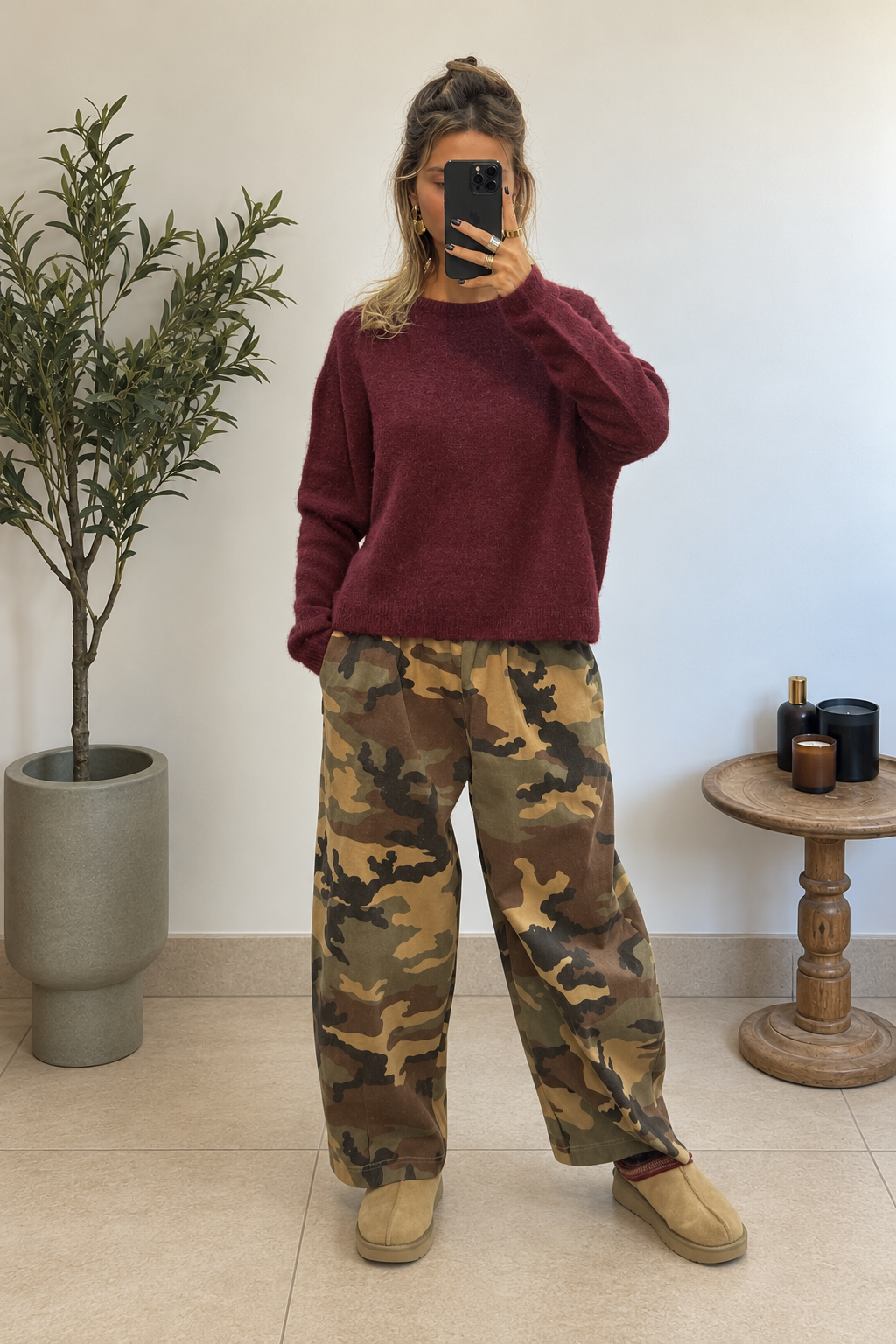 Pull Noéa bordeaux femme en maille duveteuse, col rond et coupe ample