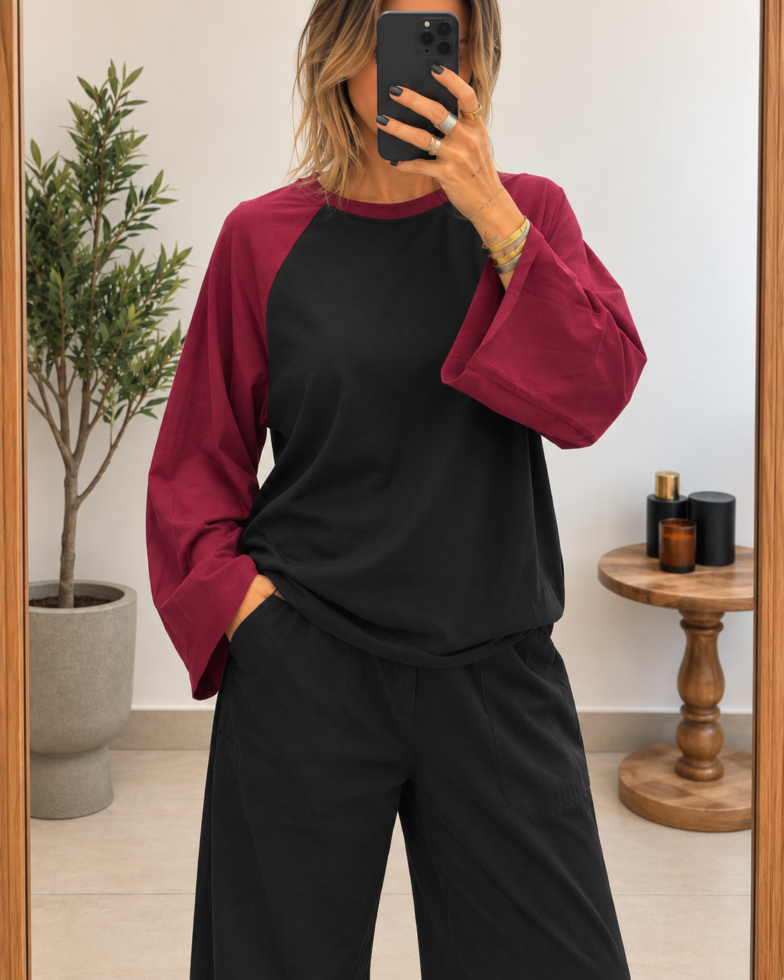 T-shirt Marlow 26 noir et bordeaux en coton, coupe ample, manches longues raglan bordeaux
