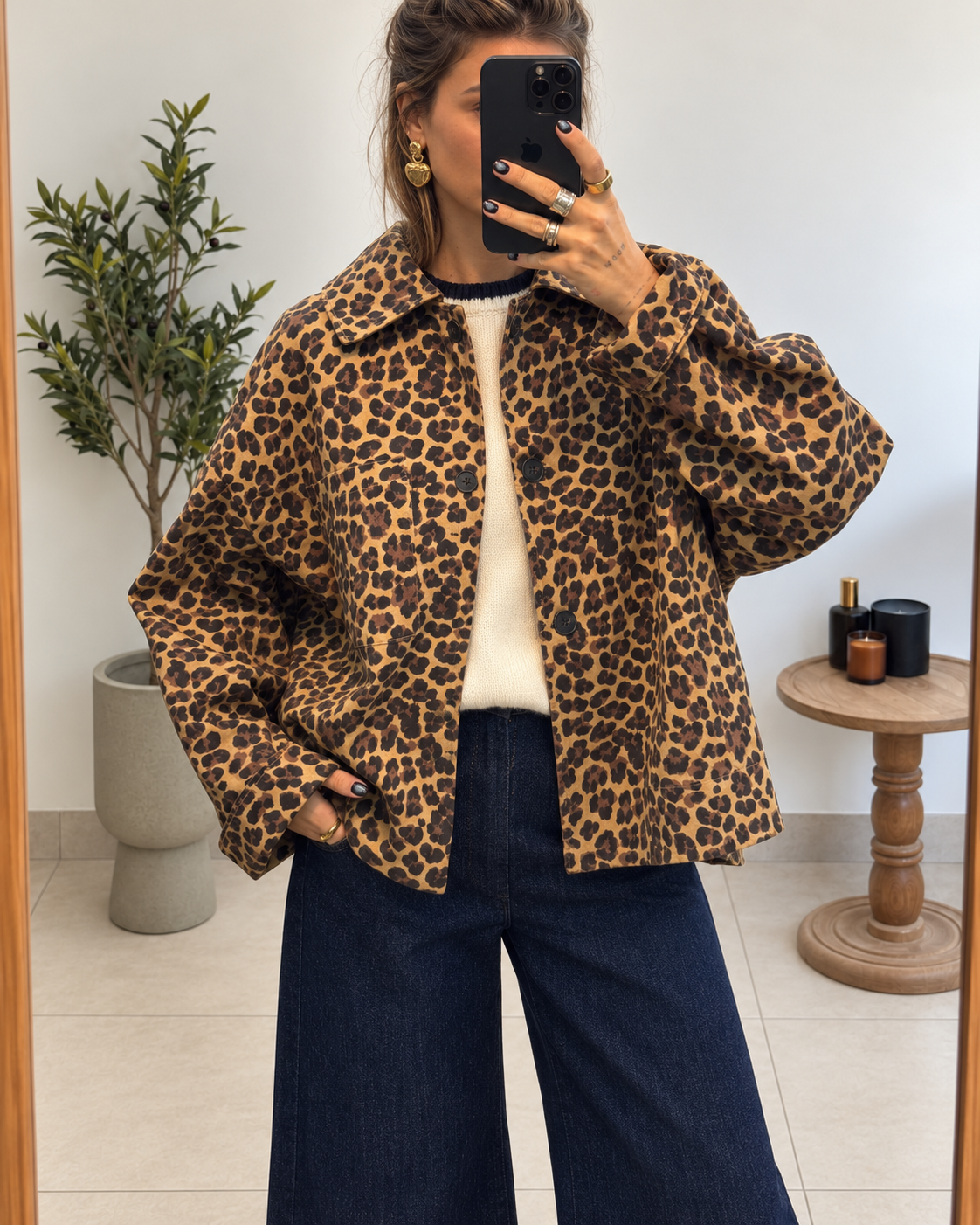 Veste Solane léopard camel avec jean large
